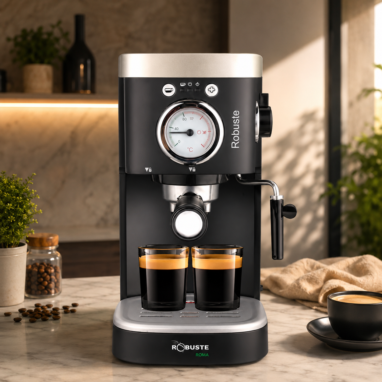Machine à café a Bras inox 15 bar 1100W 1.2L Café Poudre Robuste Roma