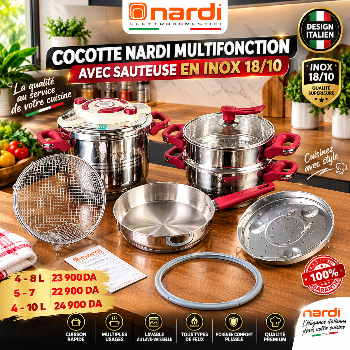 Cocotte Clipso NARDI Avec sauteuse Boton Inox 18/10 Original Minuteur