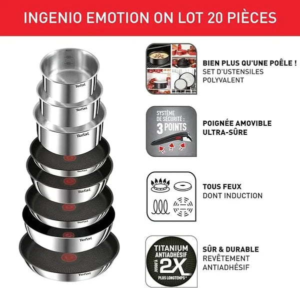 Tefal  Ingenio Batterie   de   Cuisine   20   Pièces   avec   Poignées   Amovibles