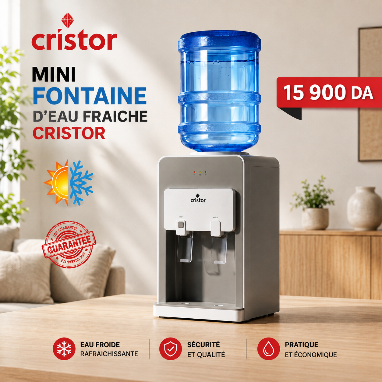 Distributeur d’eau CRISTOR Sur Table R600a Blanc et Gris 20 L – PK-KDE-F15EG