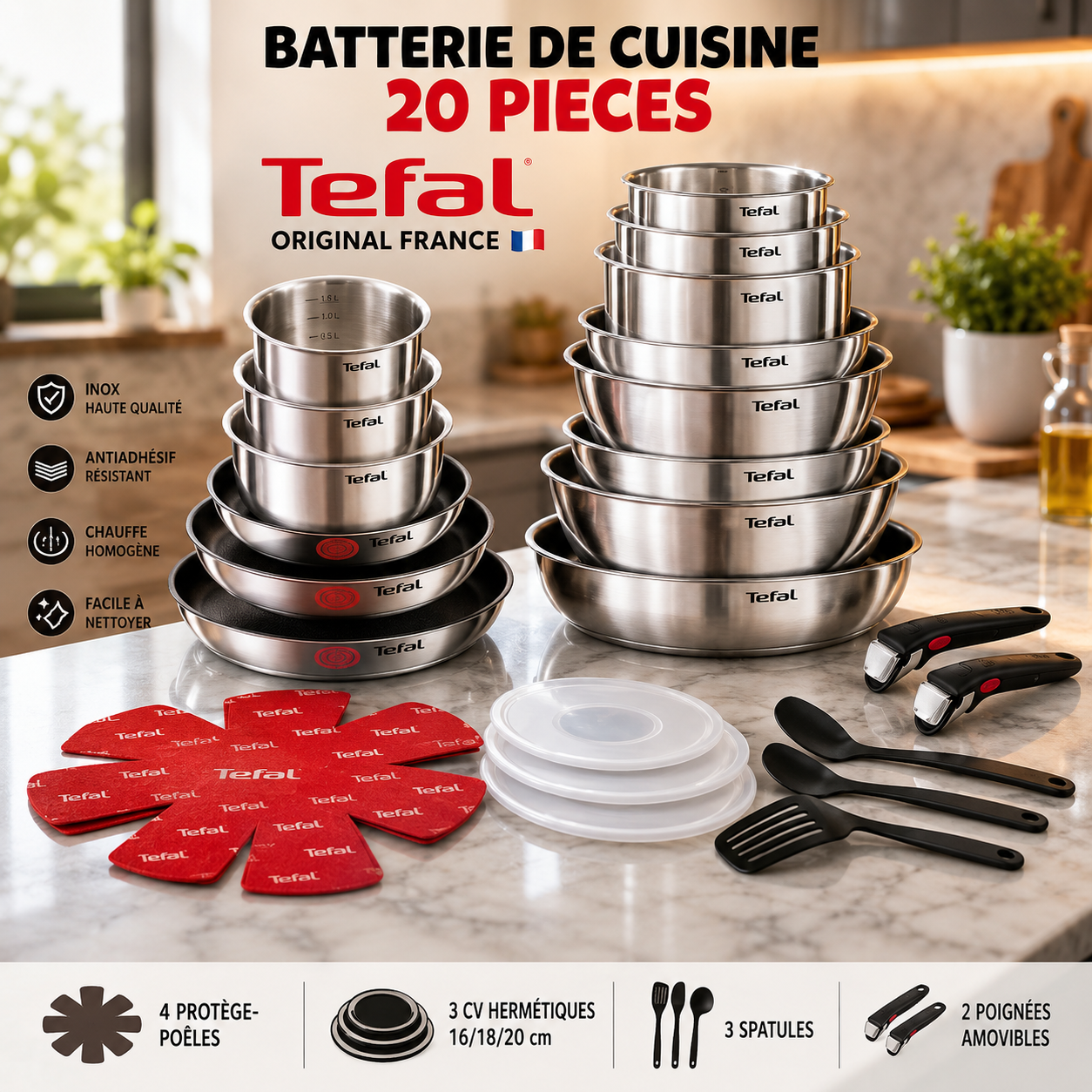 Tefal  Ingenio Batterie   de   Cuisine   20   Pièces   avec   Poignées   Amovibles