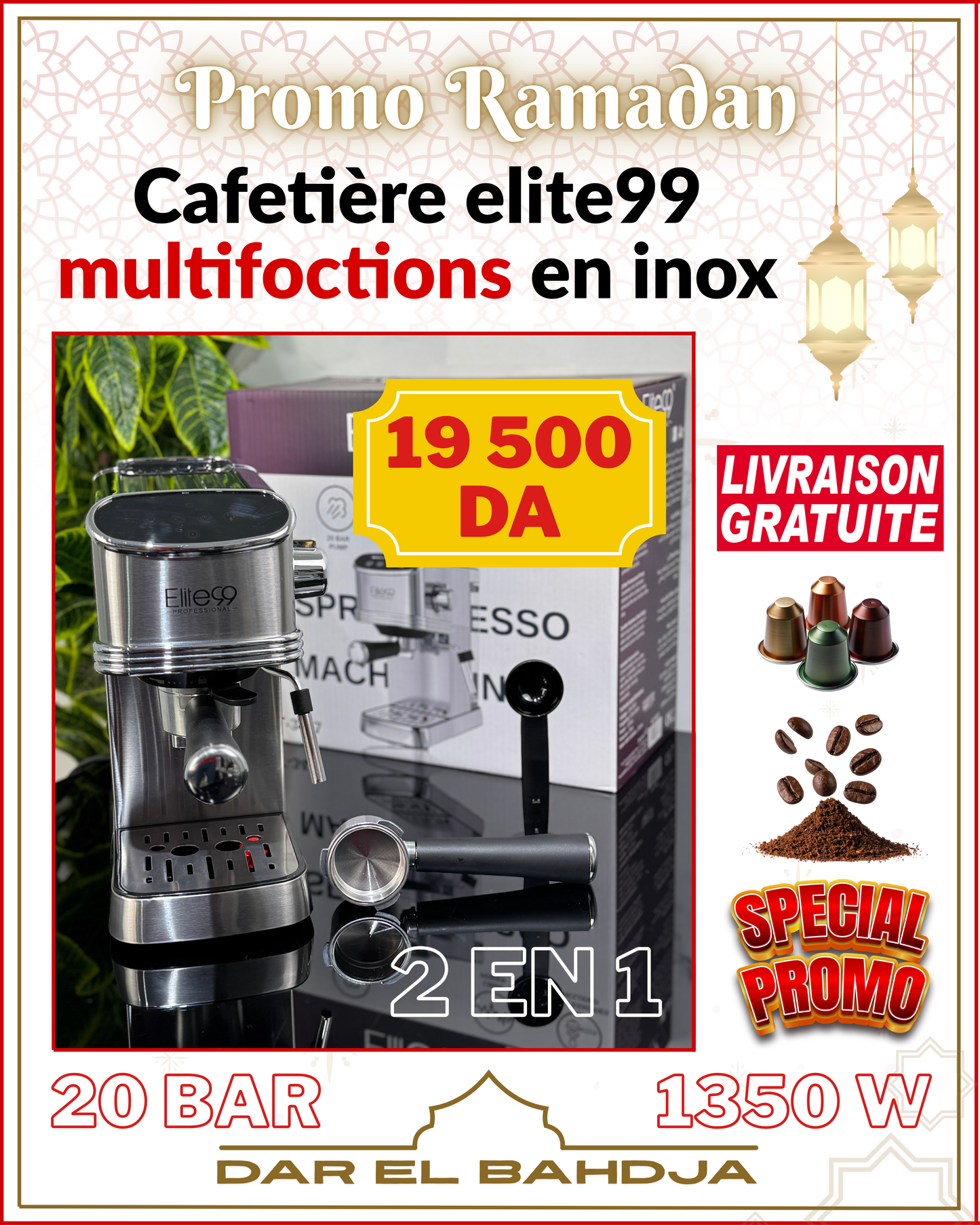 Machine à café  Espresso  ÉLITE  3 EN 1  20 BARS