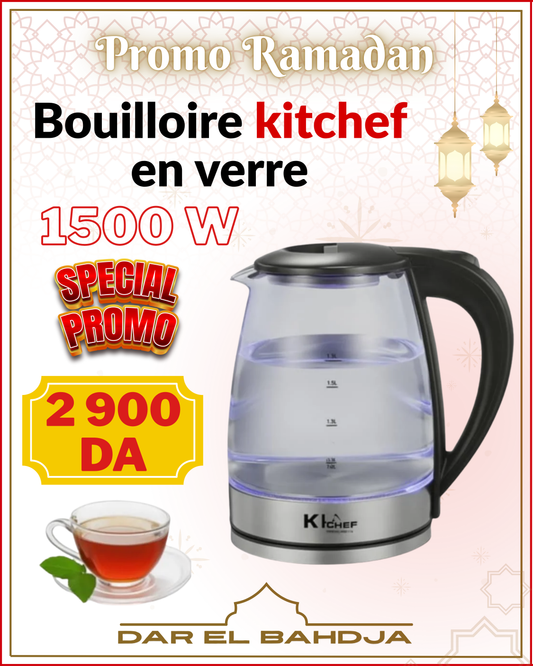 kitchef Bouilloire Électrique En Verre,1.8 litre inox verre 1500 W